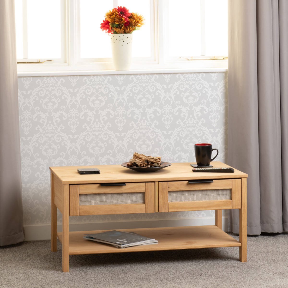 Corona Rattan 2 Drawer Coffee Table - Distressed Wax Pine Rattan Effect - Budget Deals