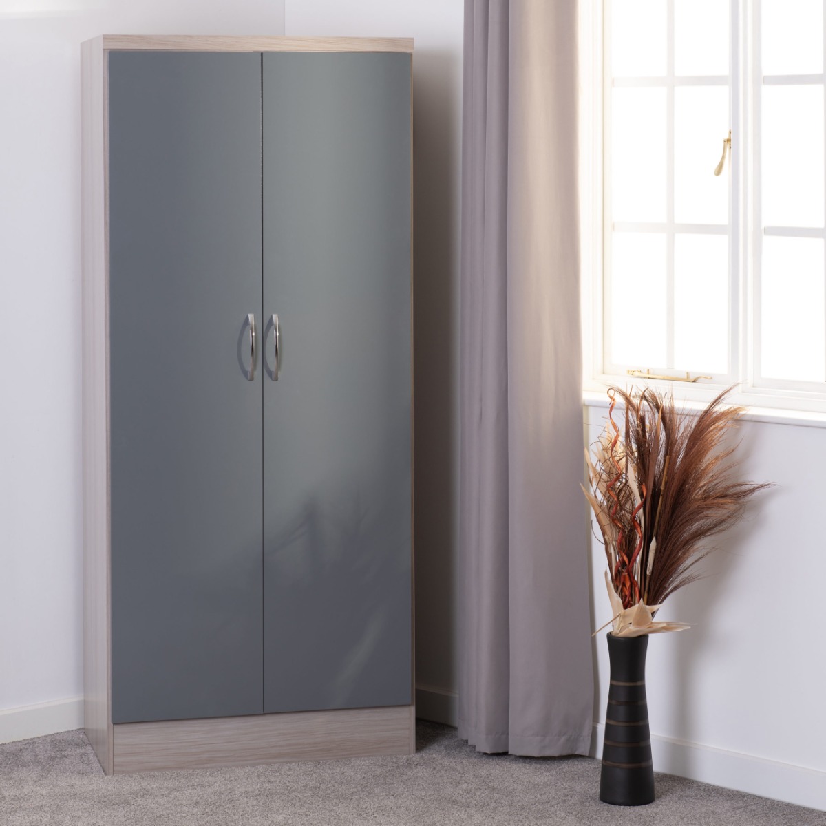 Wardrobe - NEWBIGGIN 2 Door Wardrobe Grey Gloss with Light Oak 78cm - Budget Deals