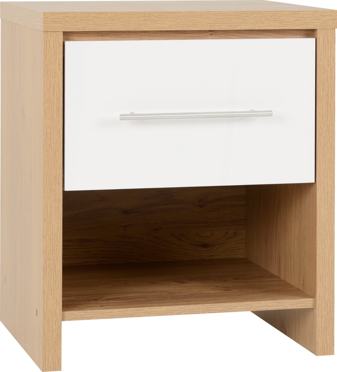 Seville 1 Drawer Bedside - White High Gloss Light Oak Effect Veneer - Budget Deals