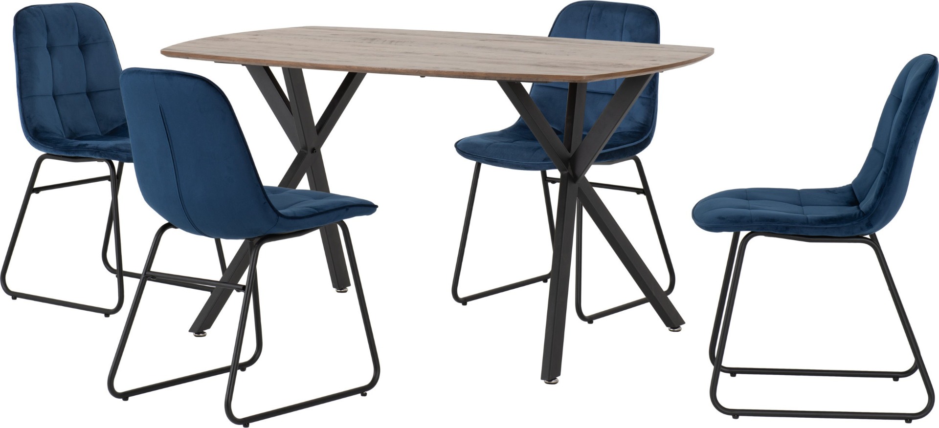 Athens Rectangular Dining Set with Lukas Chairs - Oak Effect Black Sapphire Blue Velvet - Budget Deals