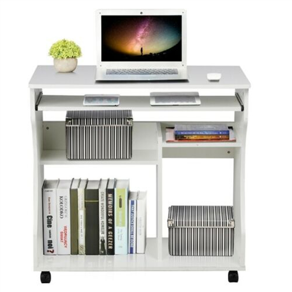 Stylish Wooden Office Table with Wheels - White - Bedroom & More