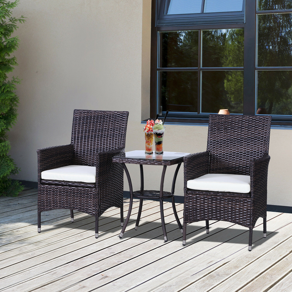 Poly Rattan Bistro Garden Chair Table Set 3PC - Brown - Gardens Direct
