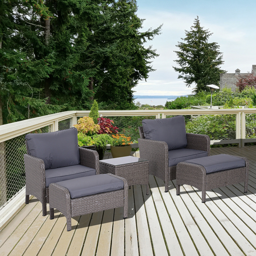 Poly Rattan Garden Chair Table Set with Footstool 5Pcs - Grey - Gardens Direct