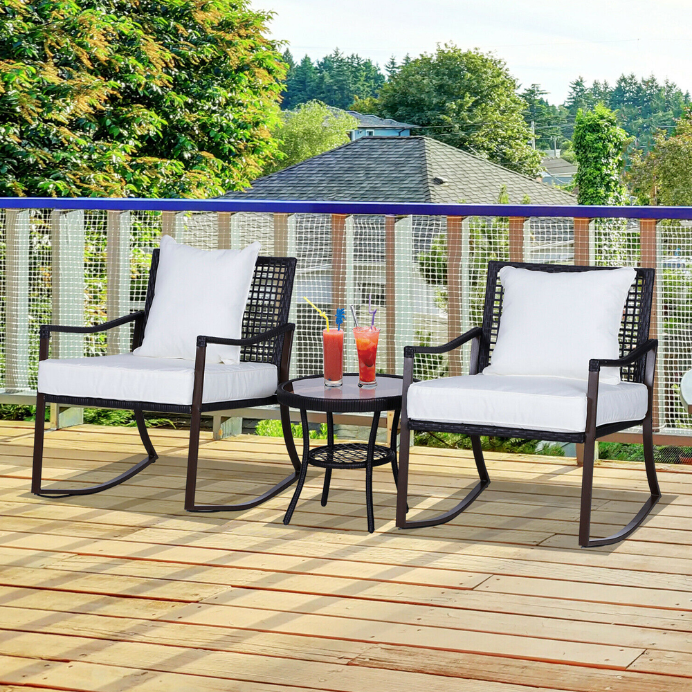 Rattan Bistro Wicker Rocking Chair Set 3PC - Brown - Gardens Direct