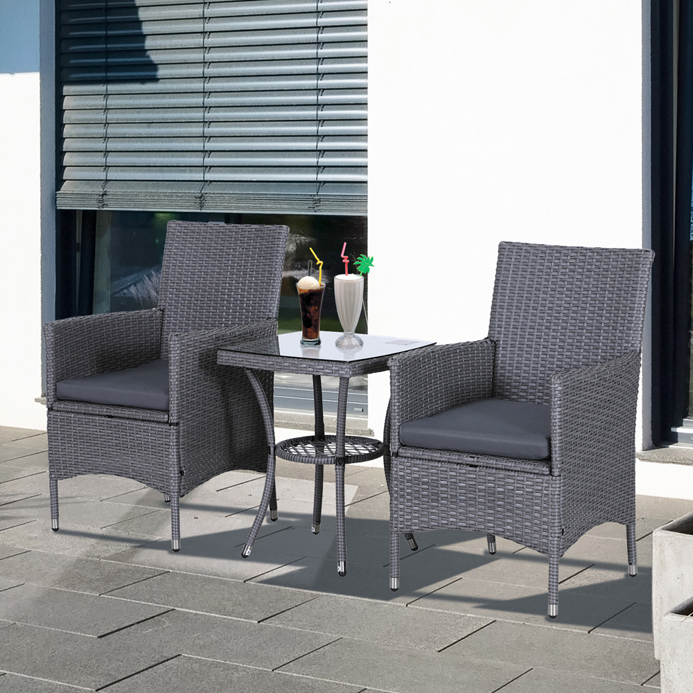 Rattan Wicker Chair Table Set 3PC - Grey - Gardens Direct
