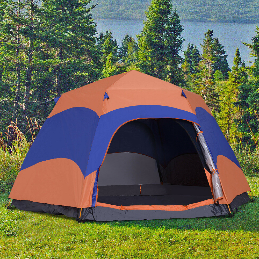 Foldable 6 Person Pop Up Camping Tent - Blue/Orange - Gardens Direct