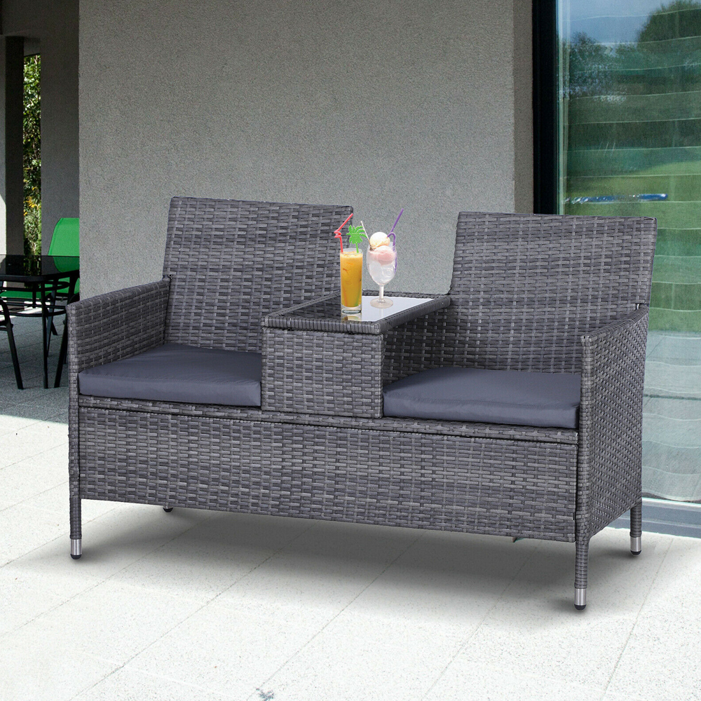 2 Seater PE Rattan Companion With Glass Table Top - Grey - Gardens Direct