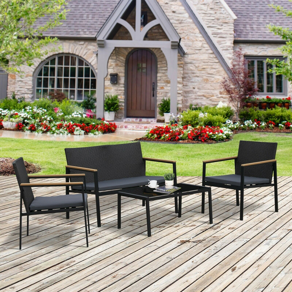 PE Rattan Garden Table Chair Set With Coffee Table 4Pcs - Black - Gardens Direct
