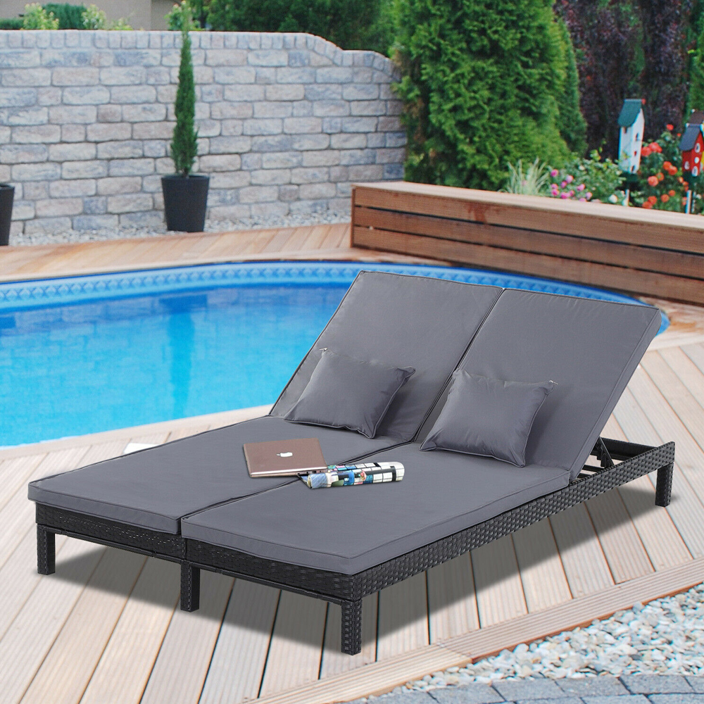 Adjustable Rattan 2 Person Double Chaise Sun Lounger With Cushion - Black - Gardens Direct
