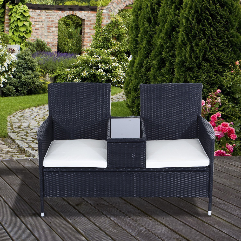 Rattan Companion Garden Seat With Table Top - Black - Gardens Direct