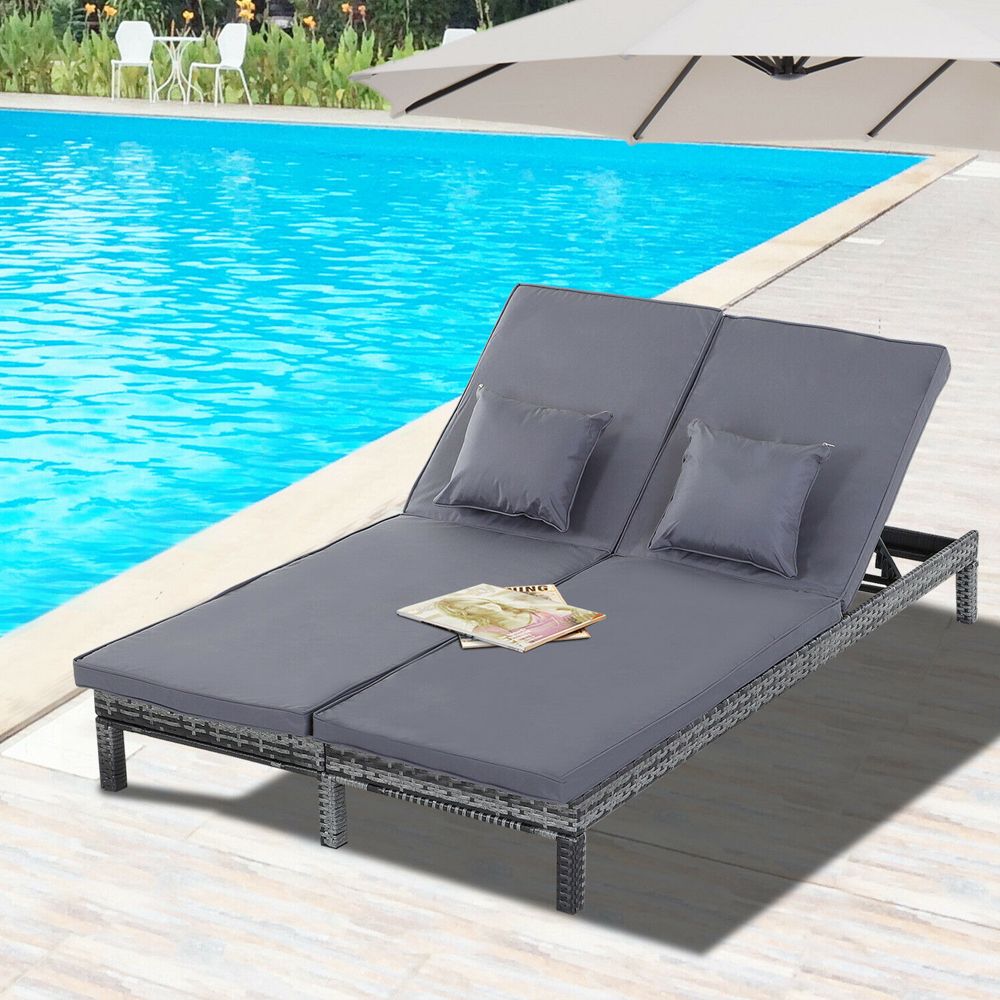 2 Person Rattan Adjustable Daybed With Cushion - Grey - Gardens Direct