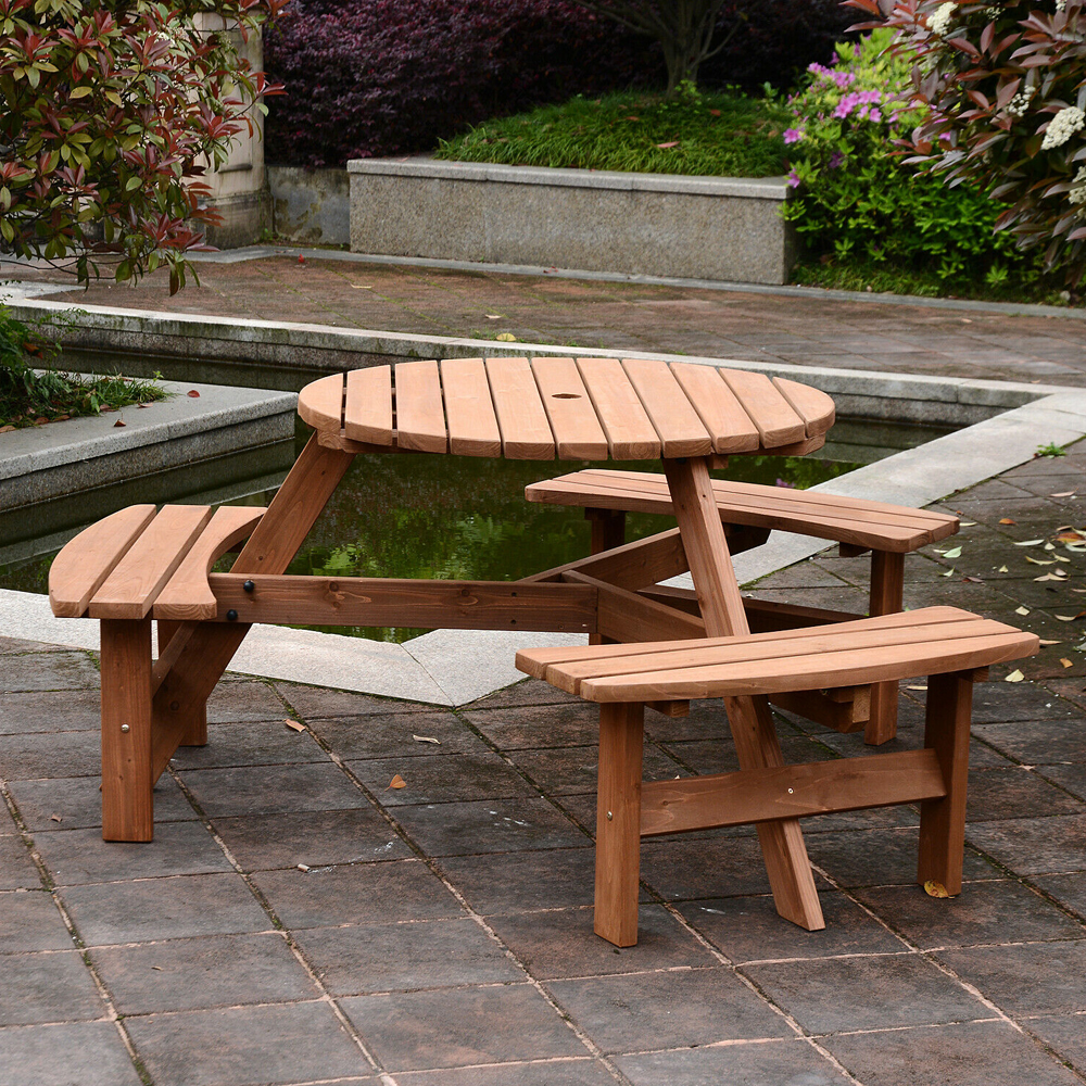 6 Person Wooden Garden Bench With Round Table - Gardens Direct