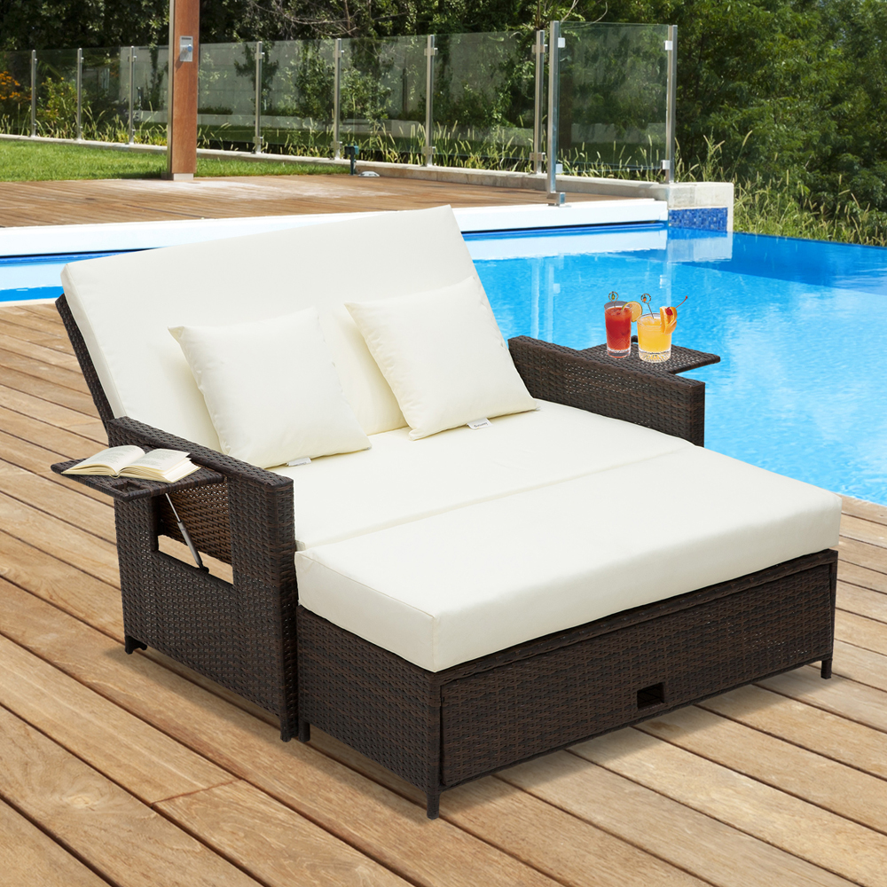 2 Seater Adjustable Rattan Daybed - Brown - Gardens Direct