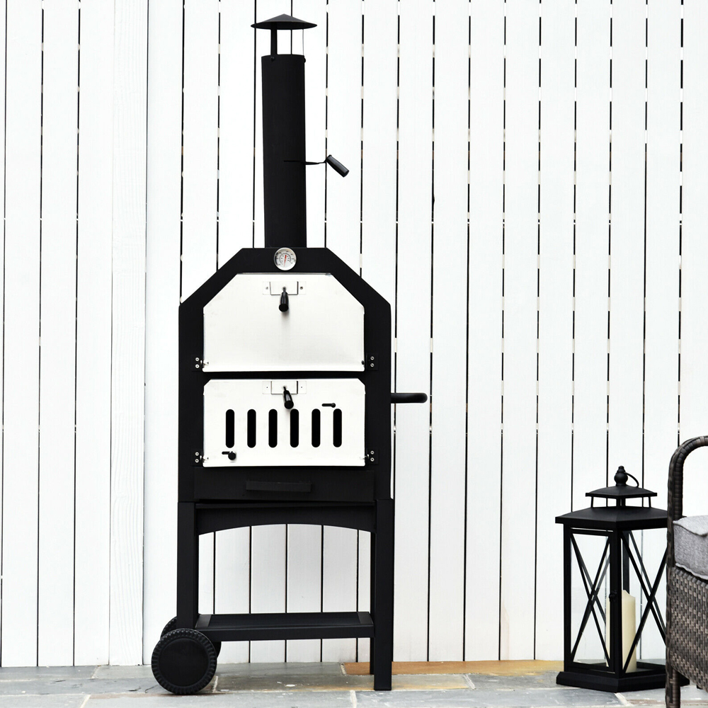 2 Tier Freestanding Charcoal Barbeque Grill With Pizza Oven - Gardens Direct