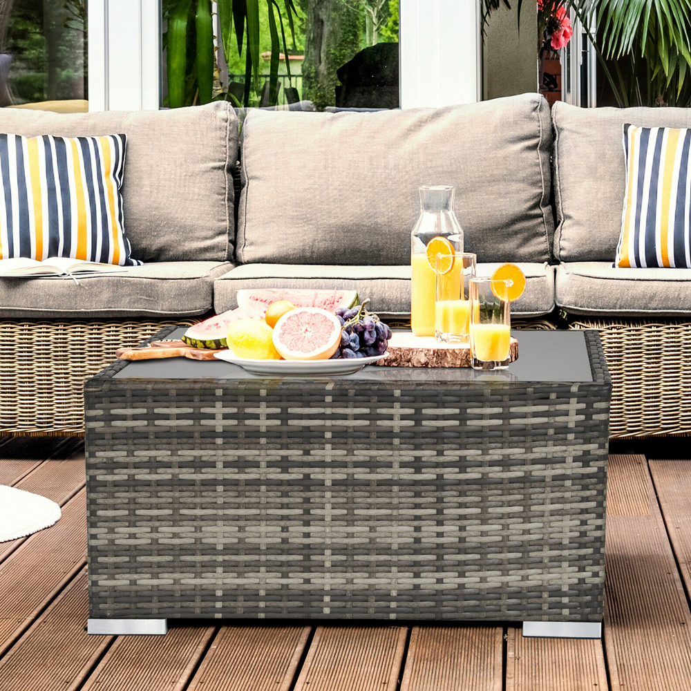 Rattan Wicker Garden Table With Glass Top - Dark Grey - Gardens Direct