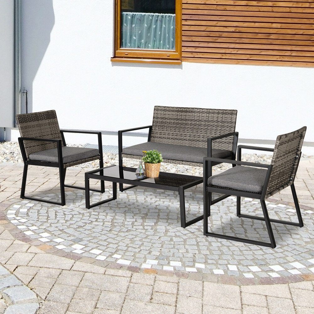 4 Piece PE Rattan Wicker Deluxe Table Chair Set - Grey - Gardens Direct
