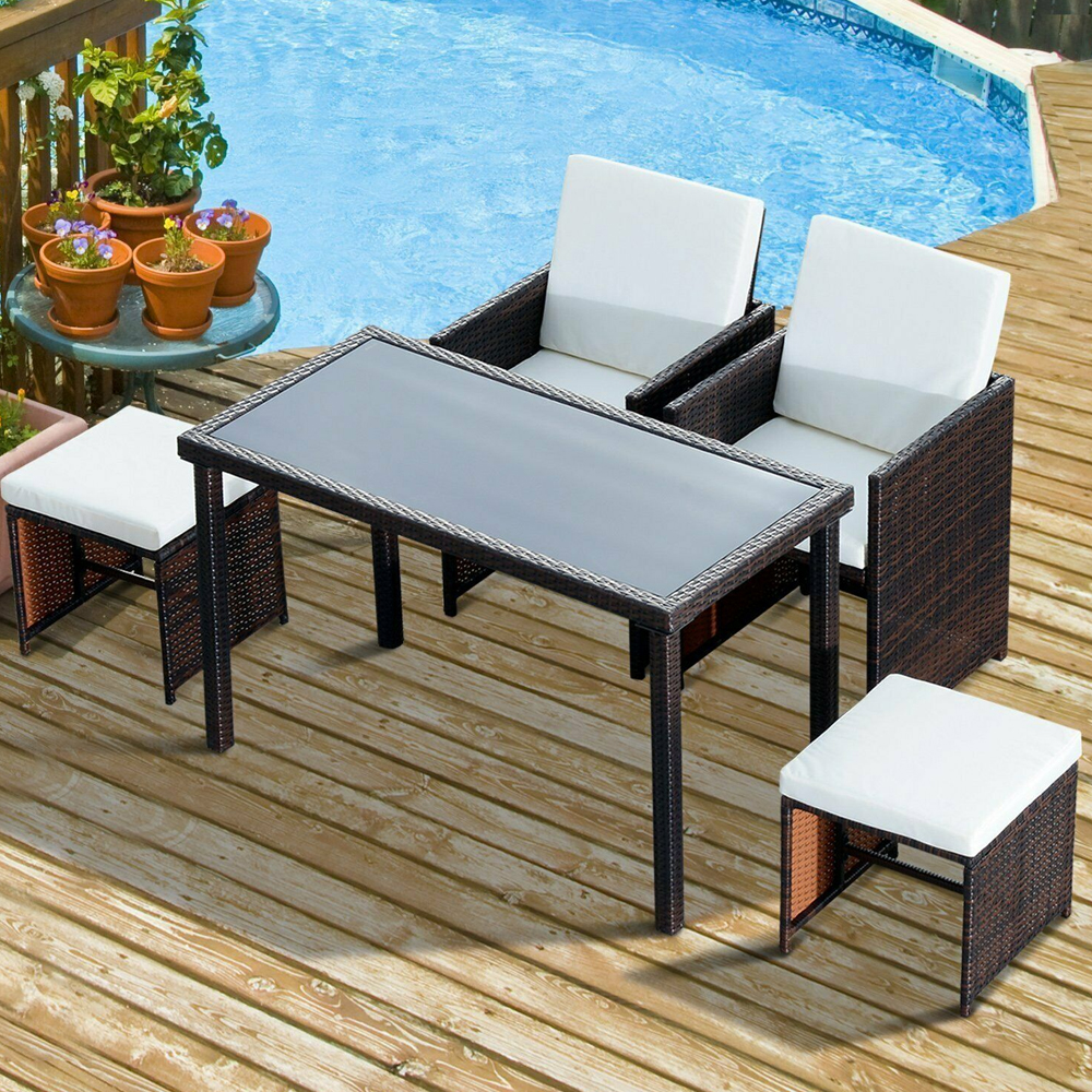 5 Piece Rattan Chair Table Set With Footstool - Brown - Gardens Direct