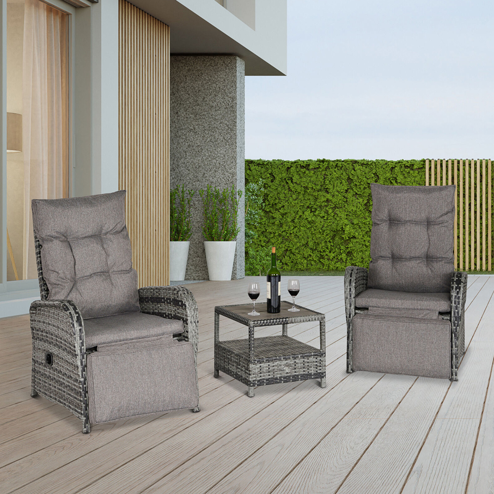 3 Piece Rattan Garden Table Chair Set With Footrest - Mixed Grey - Gardens Direct
