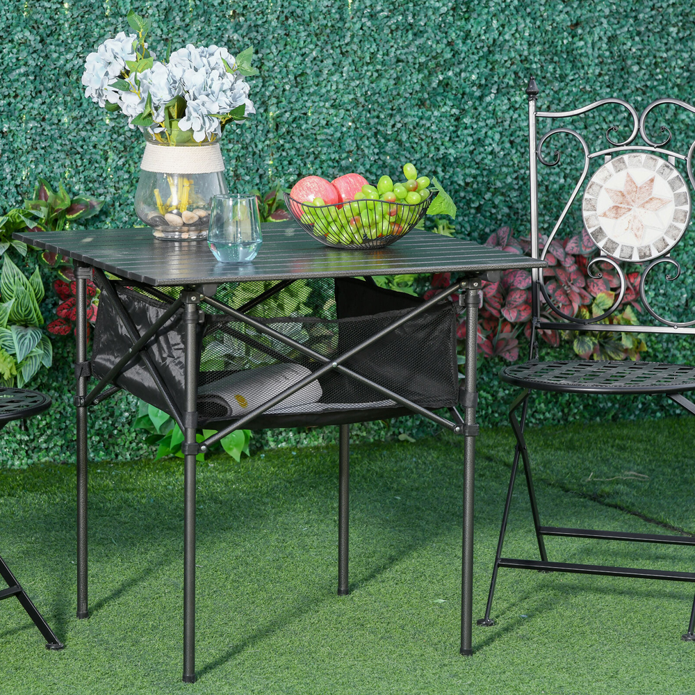 Aluminium Roll Top Foldable Garden Table With Mesh Bag - Black - Gardens Direct