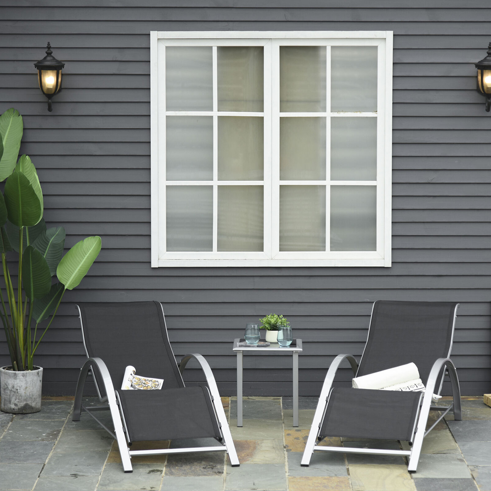Rattan 3 Piece Sunbathing Chair Set with Table - Grey - Gardens Direct