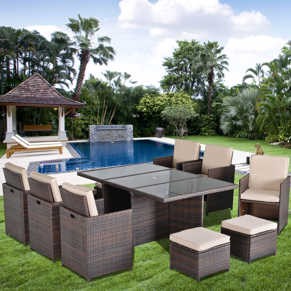 Rattan Wicker 11 Piece Garden Table Chair Set With Footstool - Brown - Gardens Direct