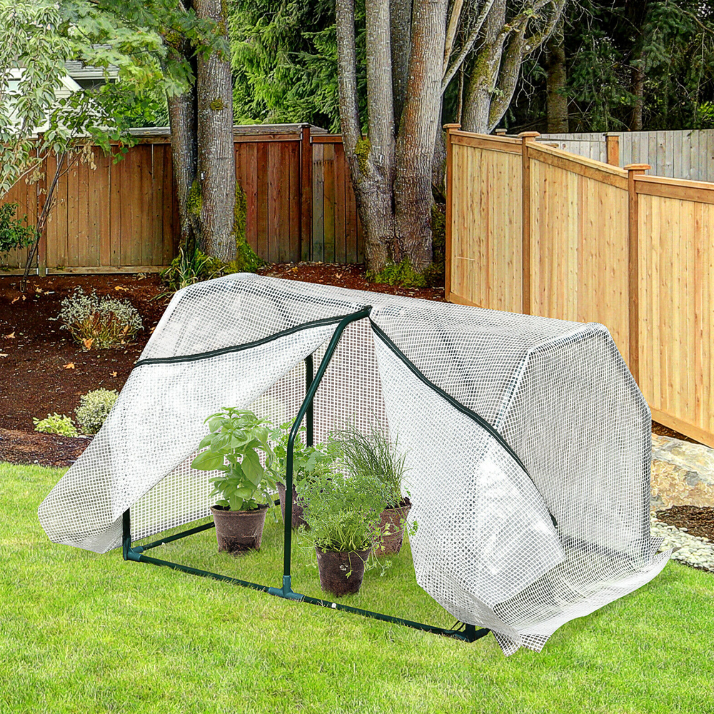 Steel Frame Mini Greenhouse Polytunnel PVC Cover White - 99x71x60CM - Gardens Direct