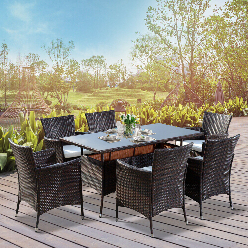 7 Piece Rattan Wicker Garden Chairs Table Set - Brown - Gardens Direct