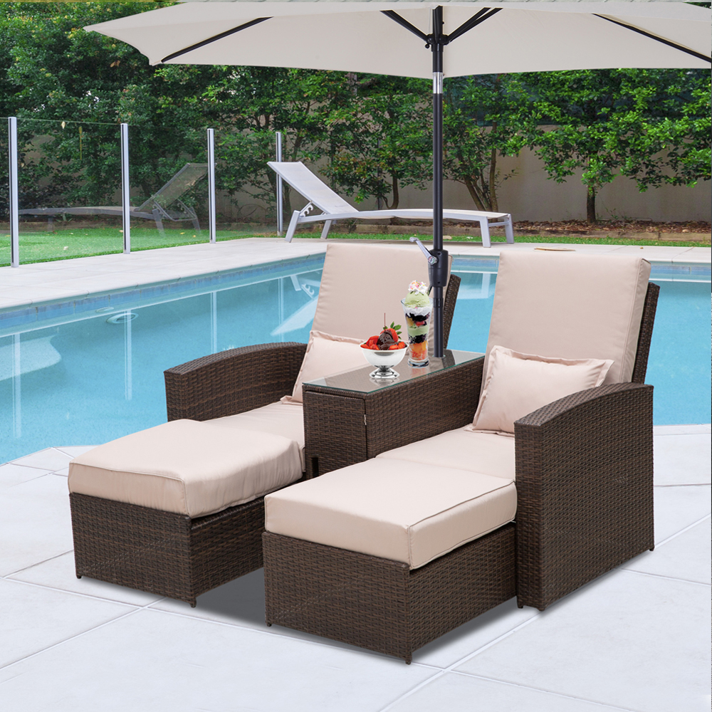 Rattan Wicker Recliner Double Sun Lounger Sofa - Brown - Gardens Direct