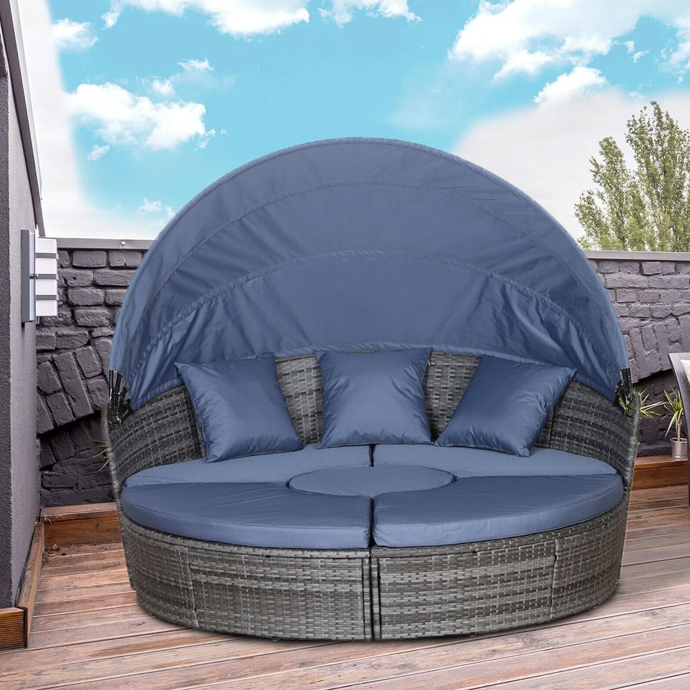 5 PC Rattan Round Daybed With Cushions And Table - Grey - Gardens Direct