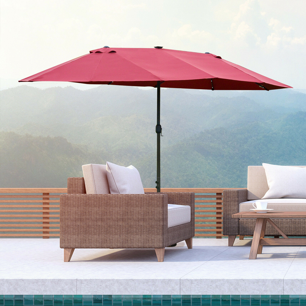 Double Sided Garden Parasol With Solar Lights 4.4M - Wine Red - Gardens Direct