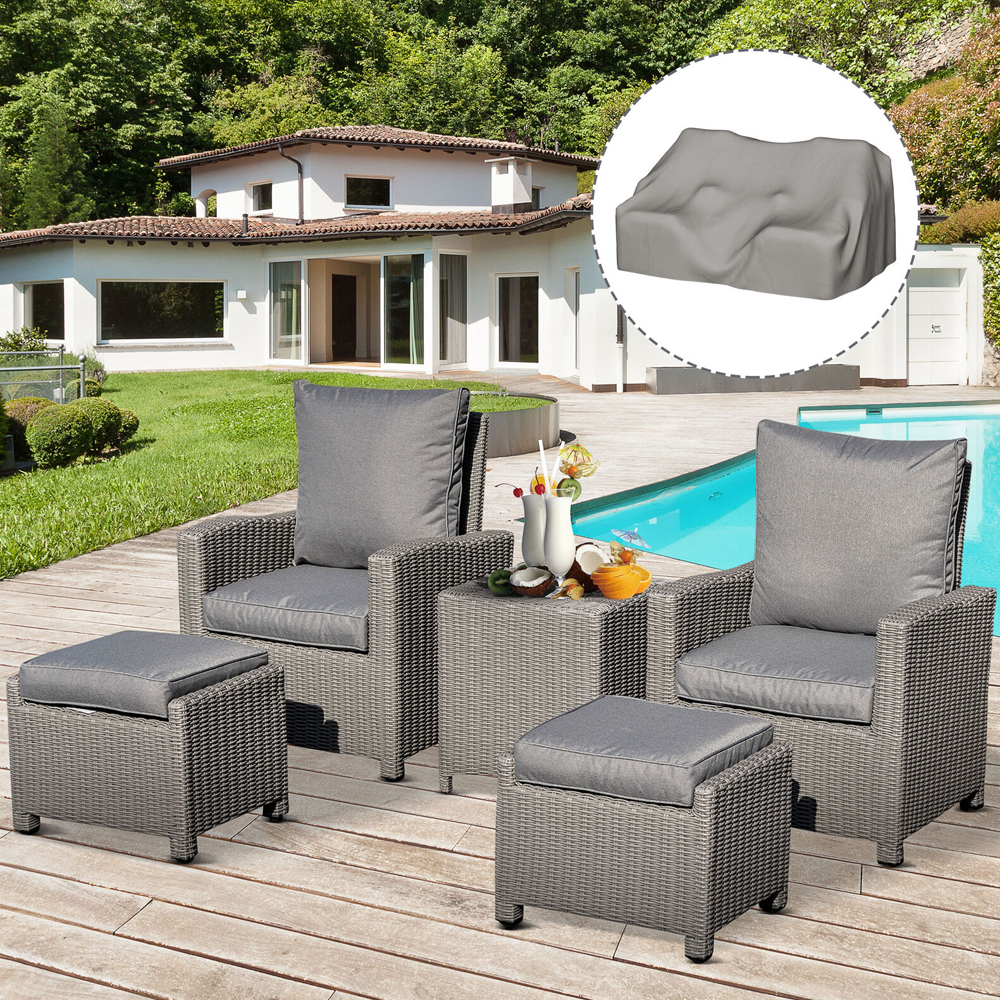 5 PCs Rattan Wicker Chair Table Set With Footstool And Cover - Grey - Gardens Direct