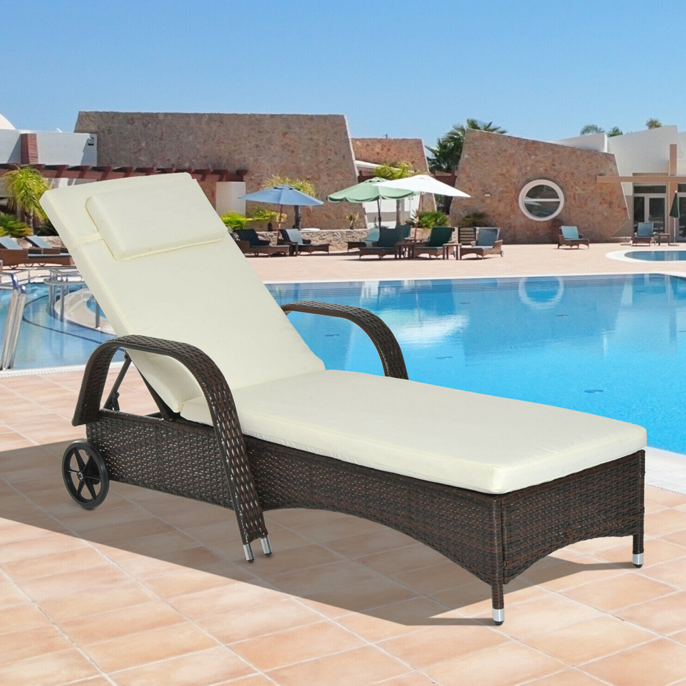 Adjustable Rattan Wicker Recliner Sun Lounger With Cushion - Brown - Gardens Direct