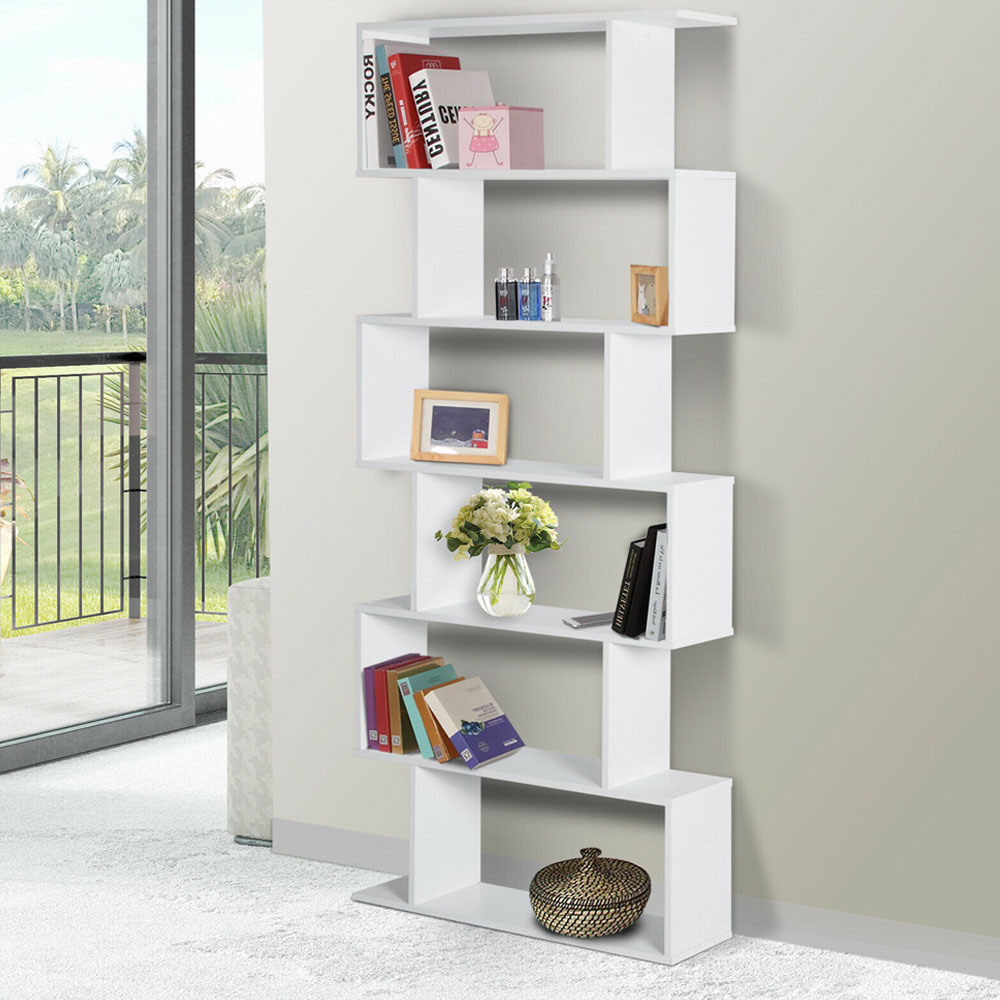 Stylish S-Shape Design 6-Tier Bookcase - White - Aldo & Ehren