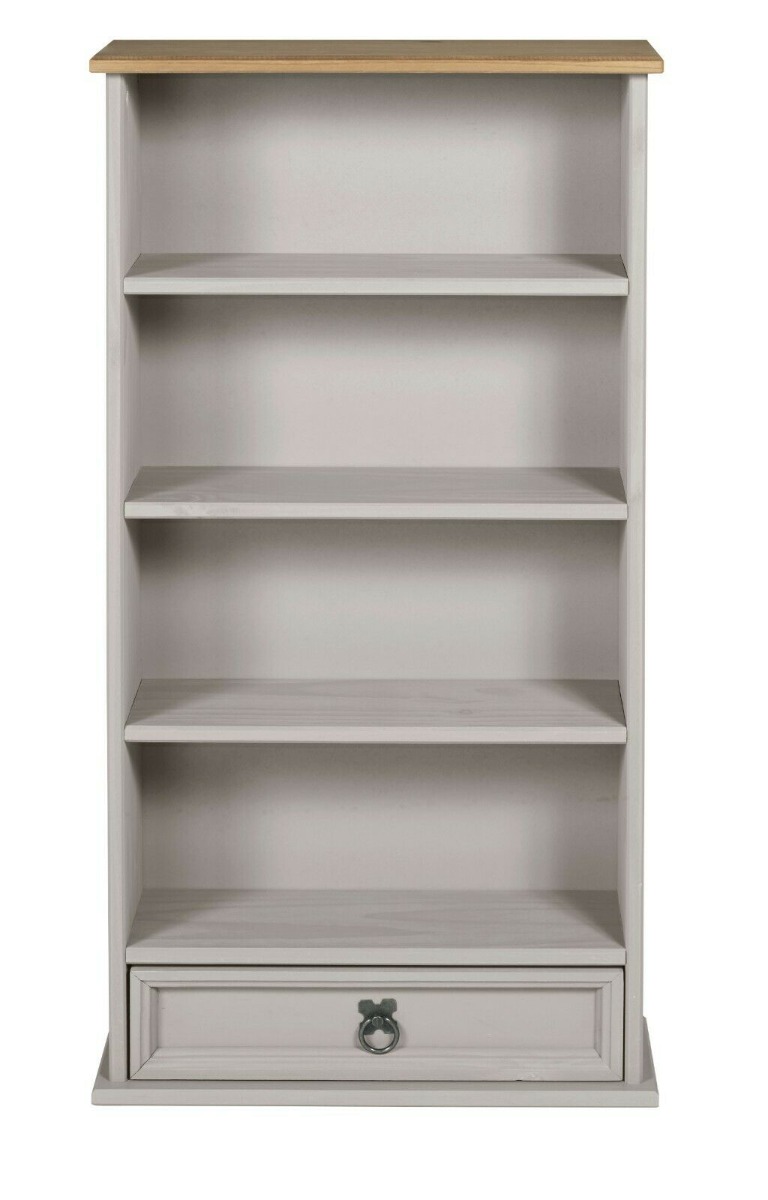Corona Solid Pine Bookcase 1 Drawer - Grey Wax - Bedroom & More