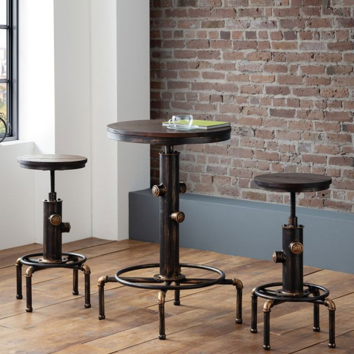 Rockport Vintage Style Pipework Bar Table - Rustic Elm - JB Collections