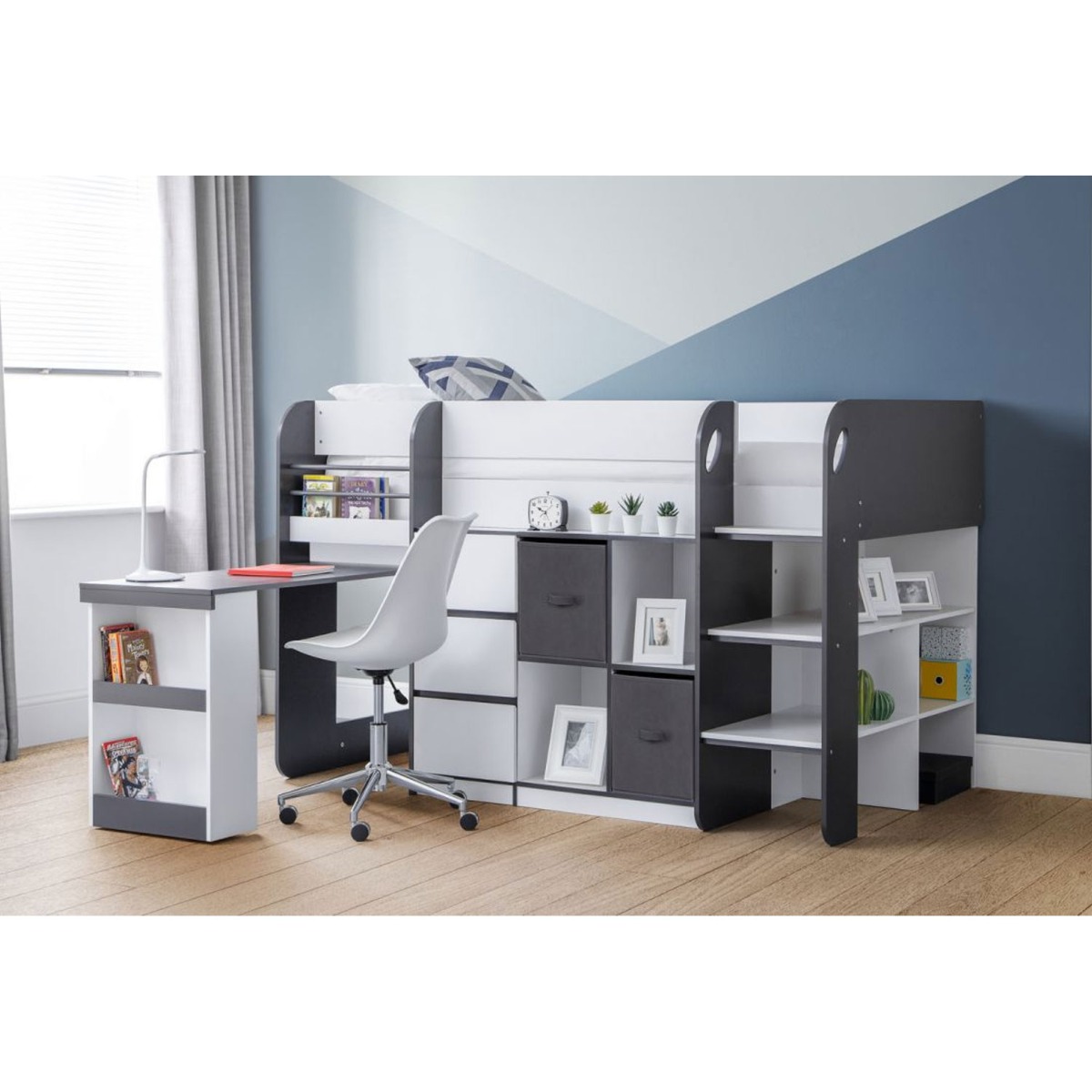 Saturn Kids Bunk Bed With 3 Drawers And Cube Bookcase - Charcoal & White - JB Collections