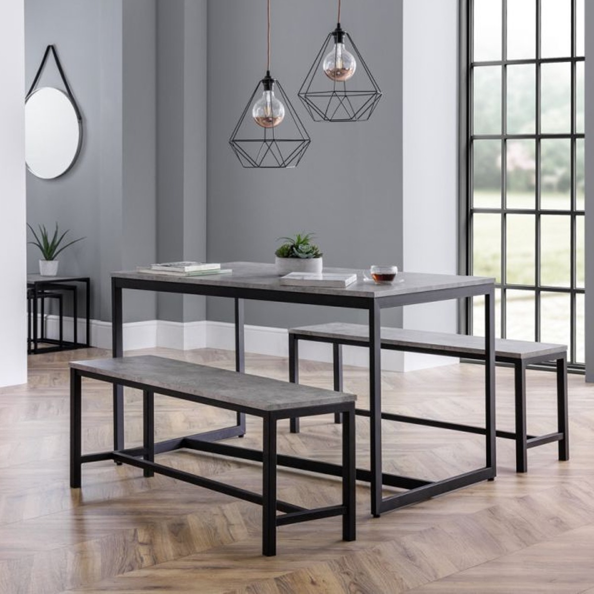 Staten Black Metal Frame Bench - Concrete - JB Collections