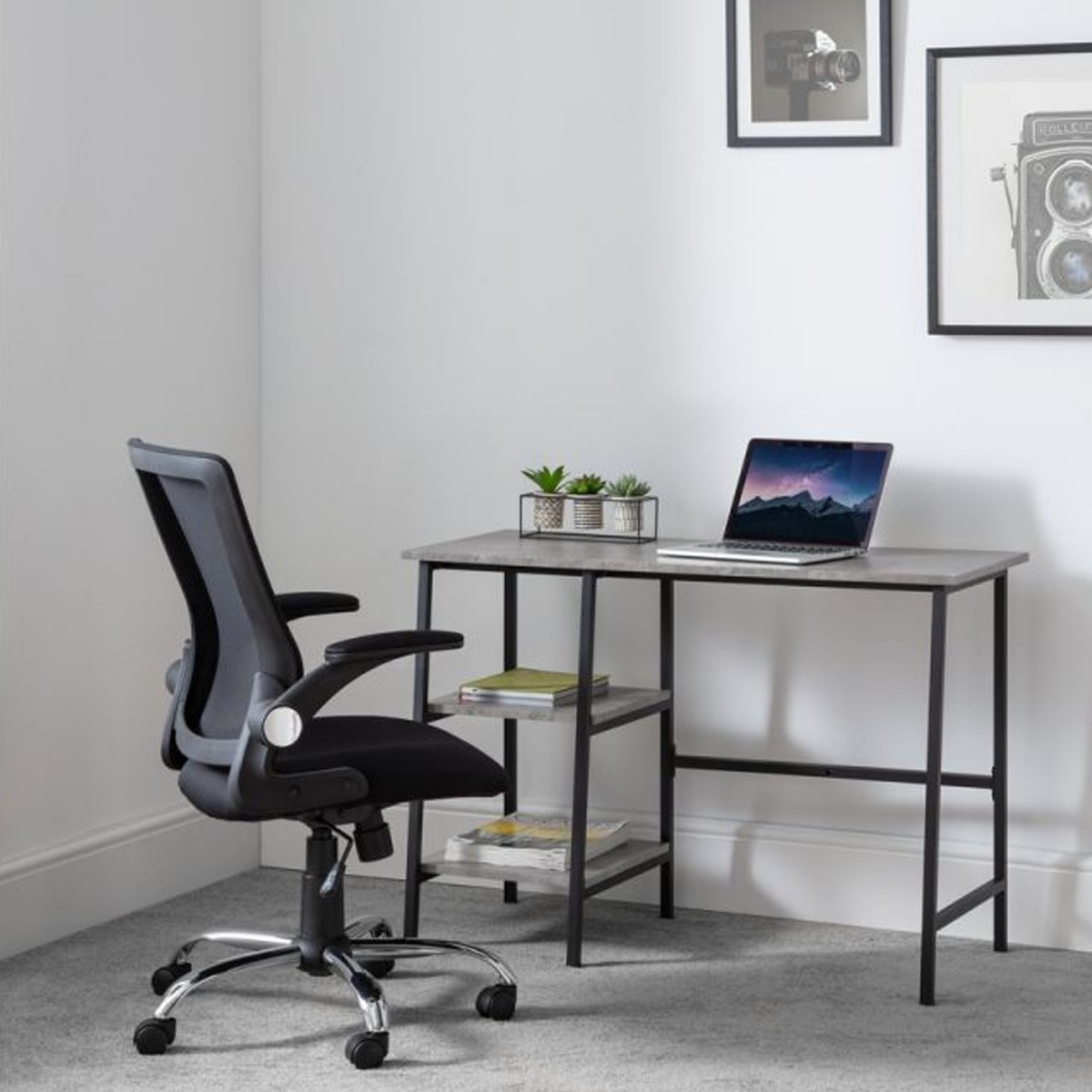 Staten Black Metal Frame Computer Table With Shelves- Concrete - JB Collections