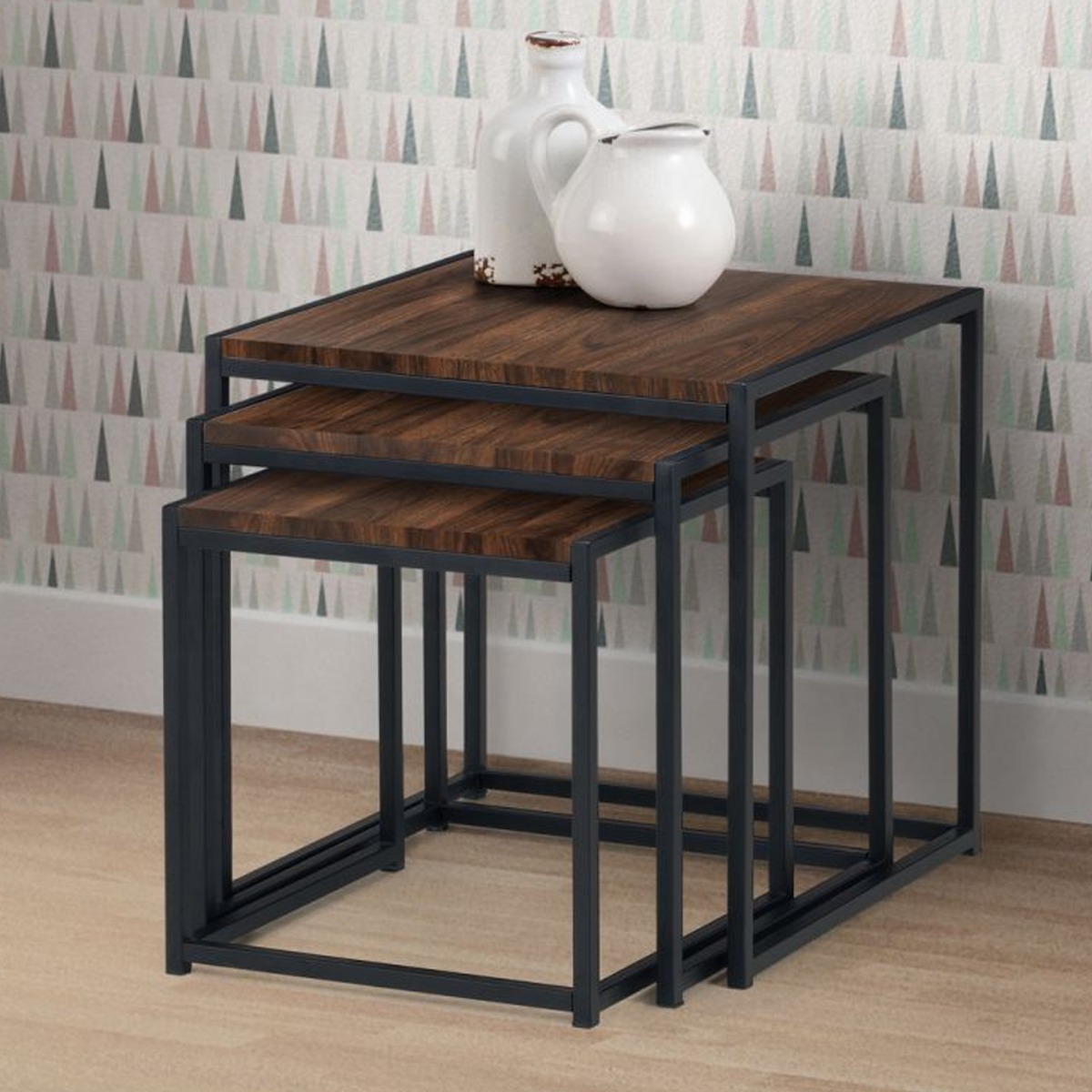 Tribeca Black Metal Frame 3 Nest Of Tables - Walnut - JB Collections