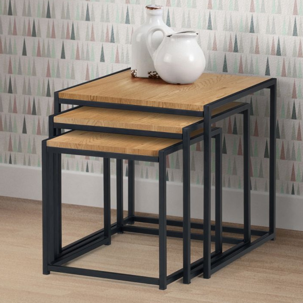 Tribeca Black Metal Frame 3 Nest Of Tables - Oak - JB Collections