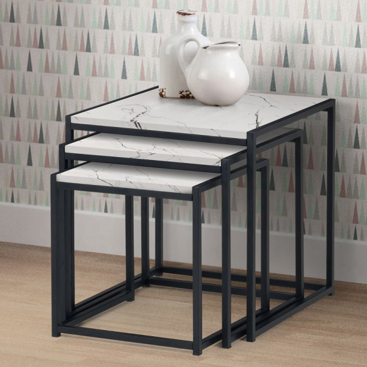 Tribeca Black Metal Frame 3 Nest Of Tables - White Marble - JB Collections