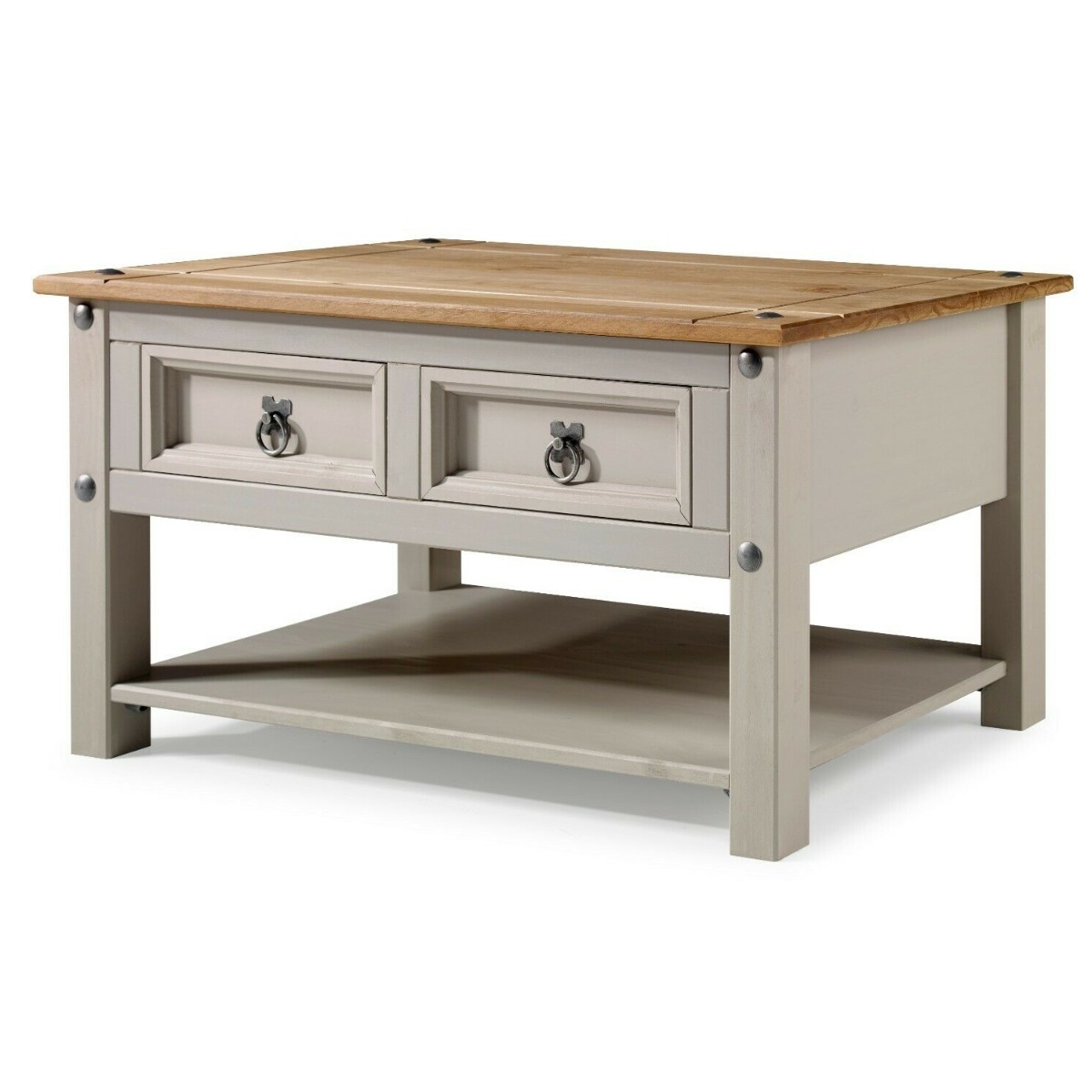 Corona Solid Pine Coffee Table with 2 Drawers - Grey Wax - Bedroom & More