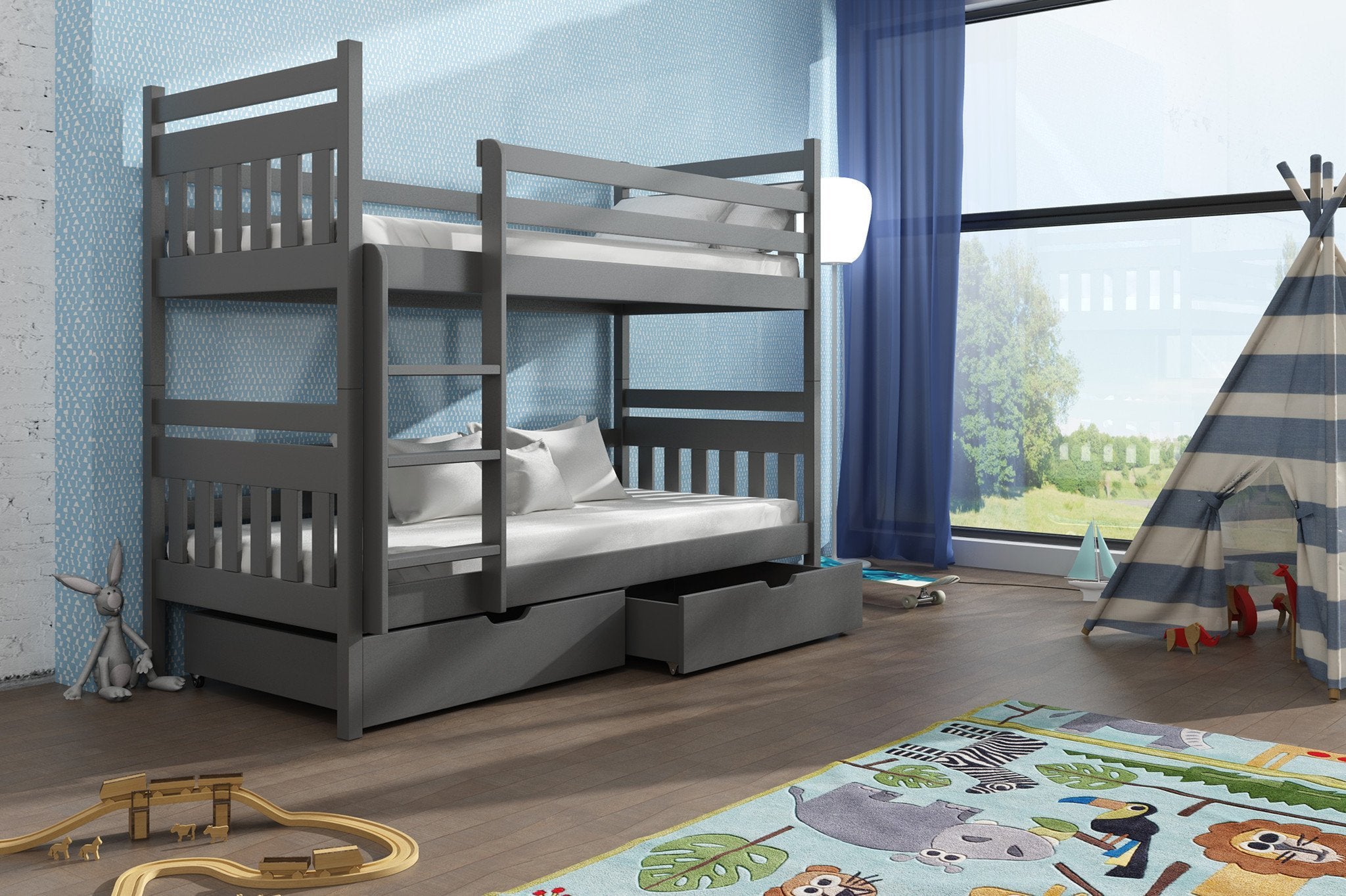 Zeus Wooden Kids Bunk Bed with Drawers Storage - Graphite - Art Nest