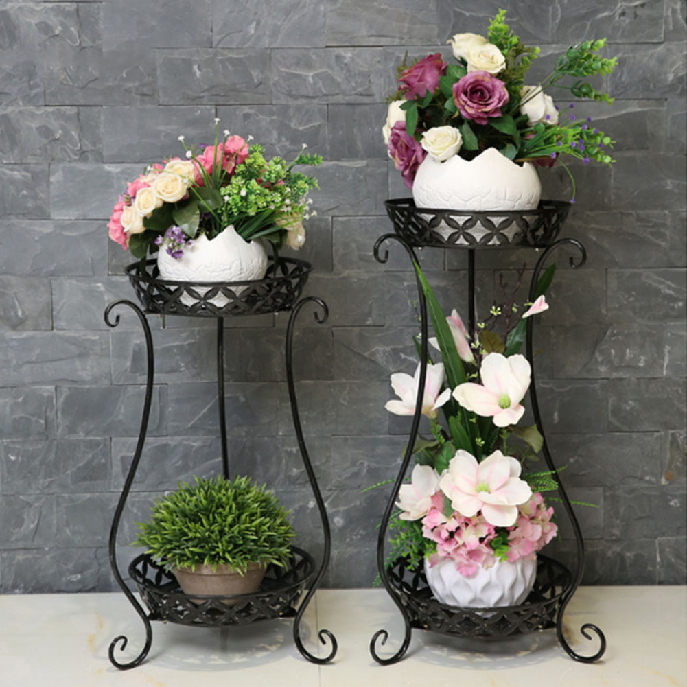 2 Tier Freestanding Retro Tall Vintage Metal Black Plant Stand Decoration - Daily Deals
