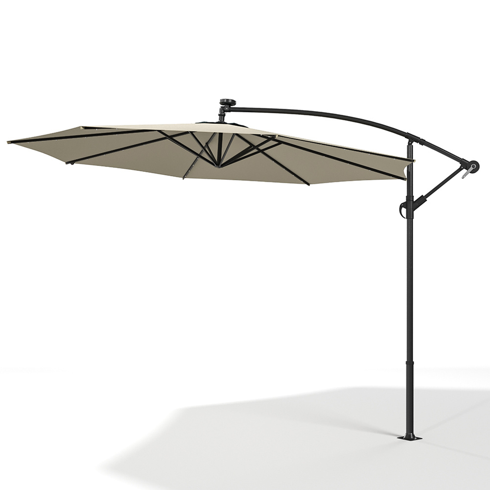 Outdoor 32 LED Beige Patio Umbrella: Crank Lift System + Base - Daily Deals