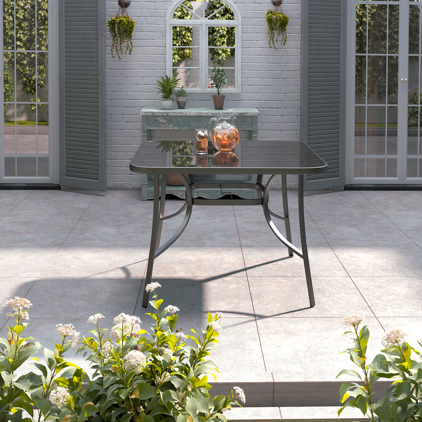 Metallic and Tempered Glass Garden Table with Parasol Hole Outdoor - Daily Deals