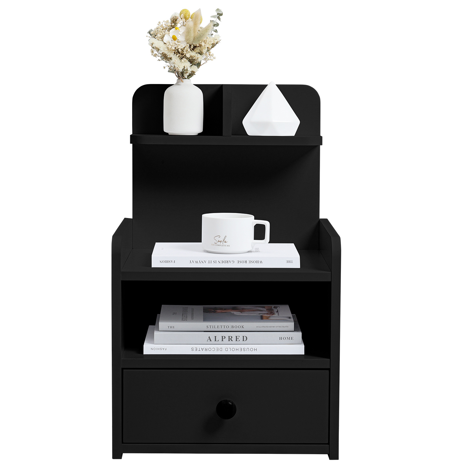 Wooden 1-Drawer Bedside Table Nightstand with a Shelf, Black - Daily Deals