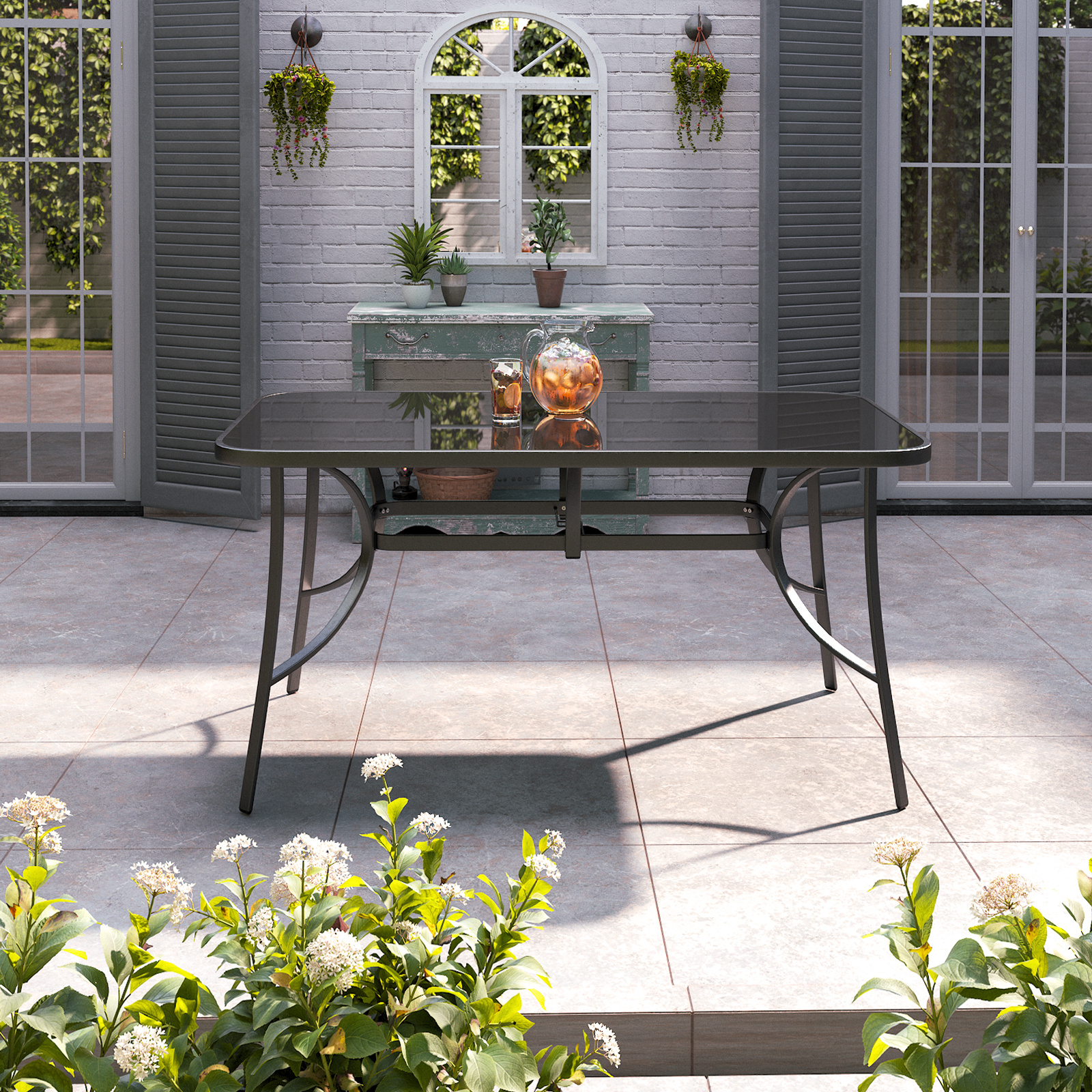 Metallic and Tempered Glass Garden Table with Parasol Hole Outdoor - Daily Deals
