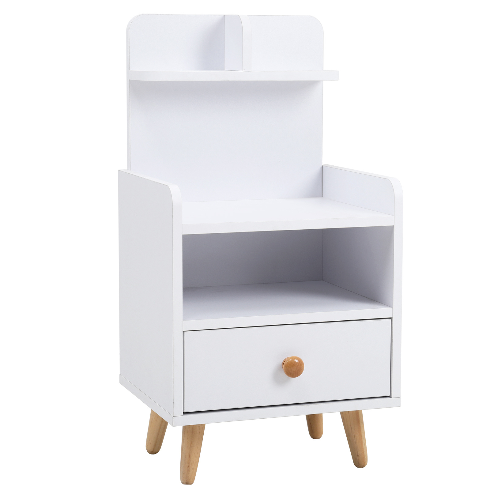 Wooden 1-Drawer Bedside Table Nightstand with a Shelf and Wooden Legs, White - Daily Deals