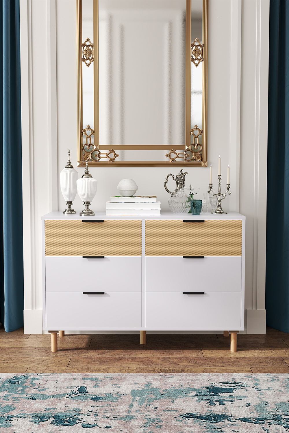 Chic White Storage Cabinet with Patterned Top Drawers and Tapered Legs - Daily Deals